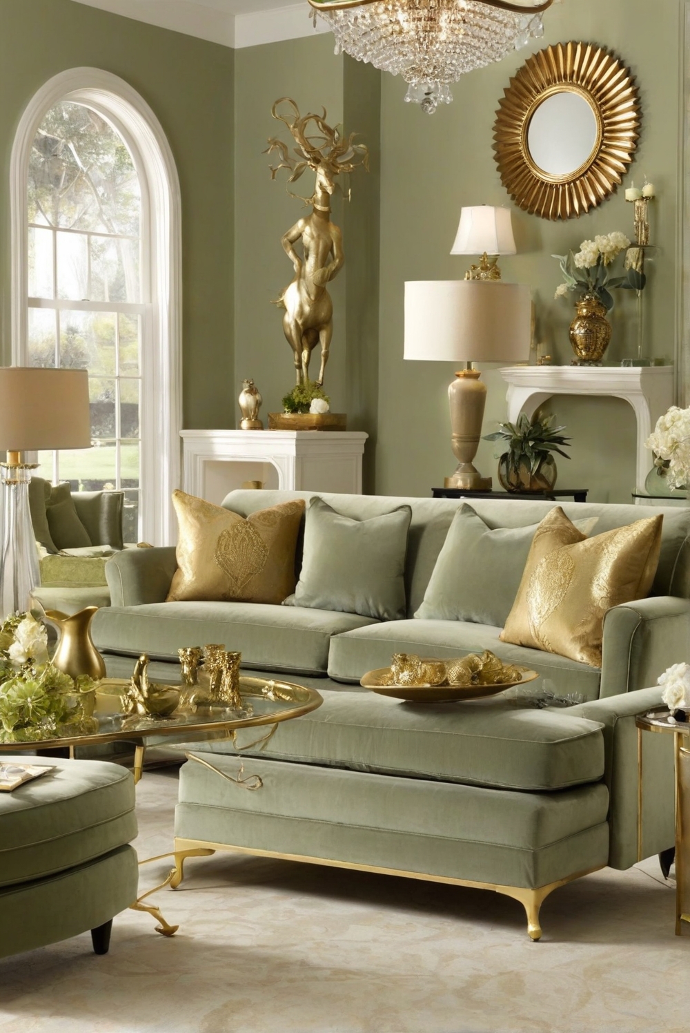 What is the Majesty of Sage Green and Gold Living Room Extravaganza