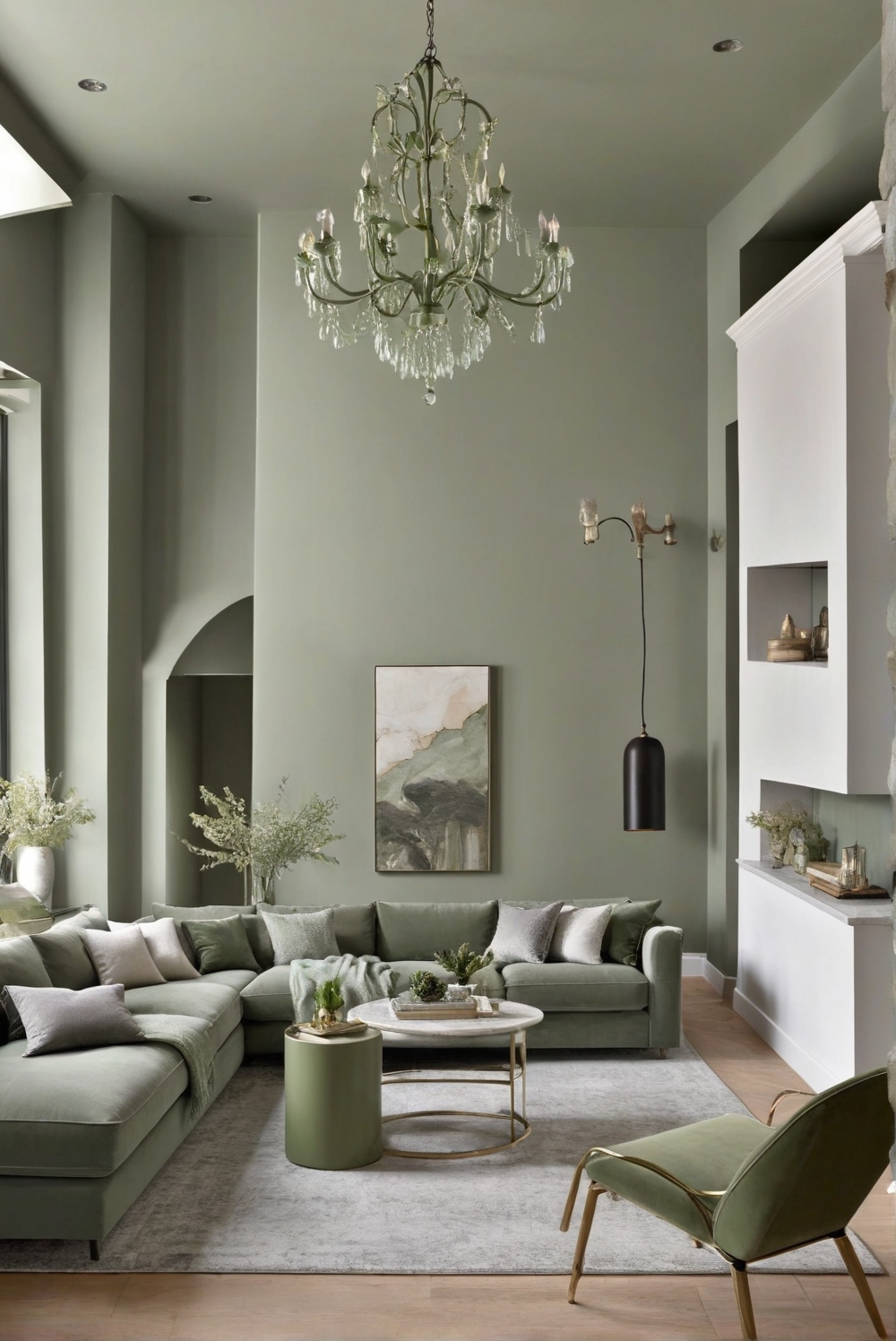 Drama Unleashed: Sage Green and Stone Gray Living Room Enchantment ...