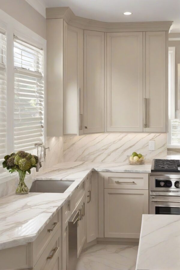 What color Calacatta countertops complement SW Accessible Beige kitchen