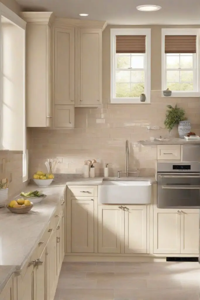 kitchen cabinets, light-colored backsplash, SW Accessible Beige, kitchen design, home decor, interior design, color coordination