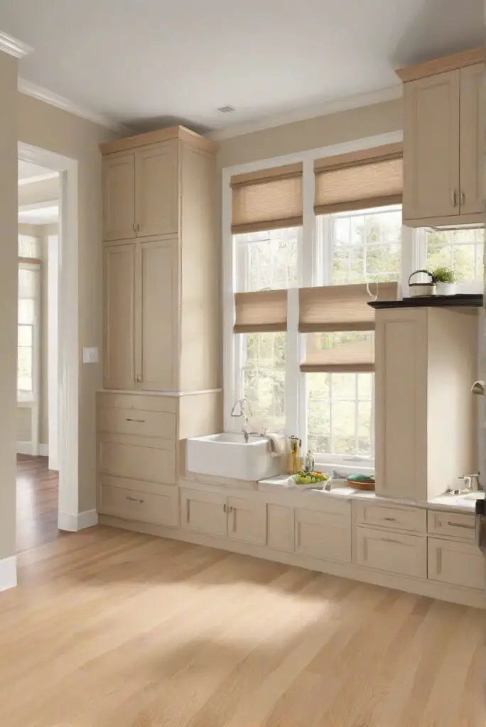 oak flooring, kitchen cabinets, interior design, home decor, color matching, wall paint, paint colors