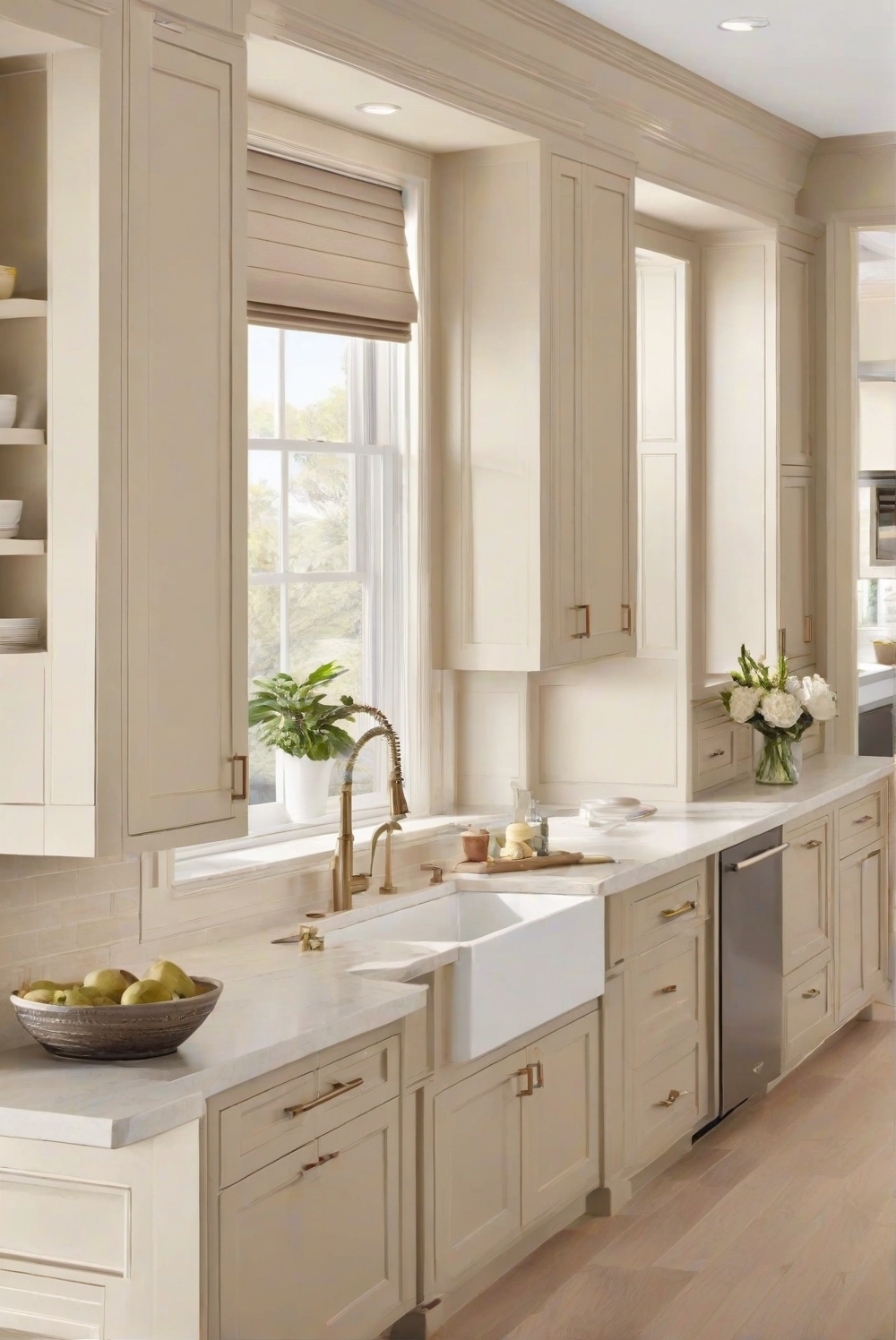 What color window color complements SW Accessible Beige kitchen ...