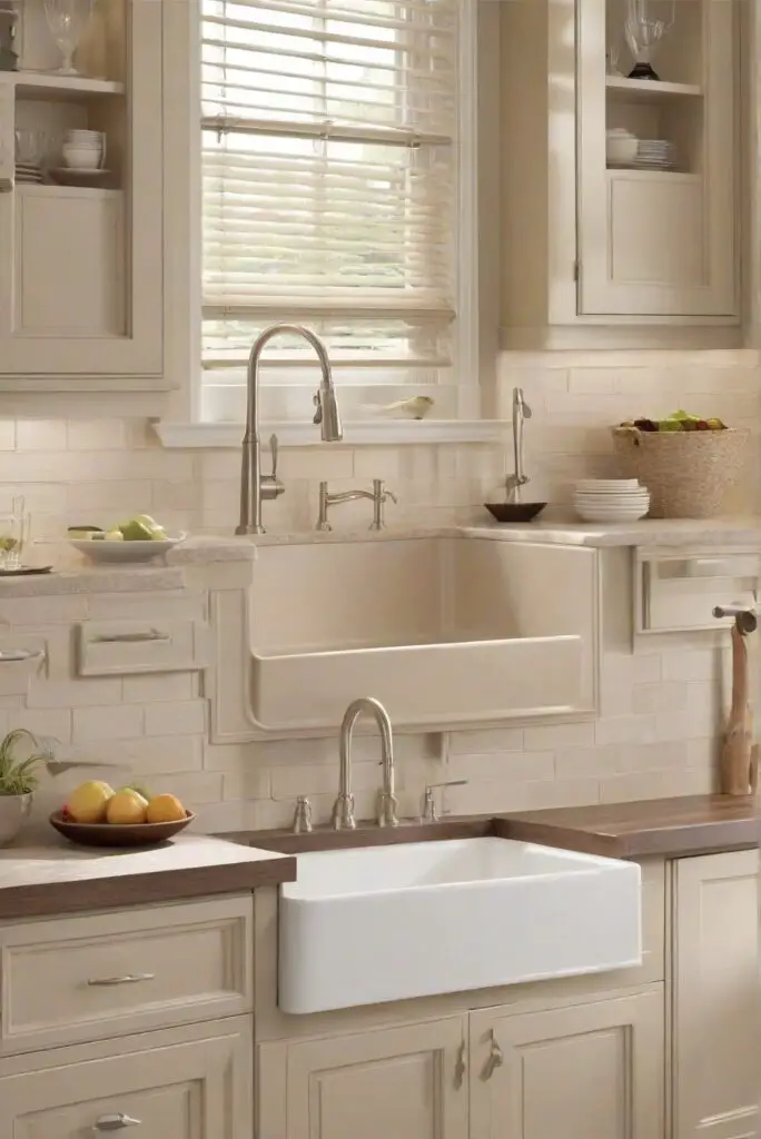 wood sink, kitchen cabinets, SW Accessible Beige, color wood sink, complement kitchen cabinets, wood sink color, SW Accessible Beige cabinets