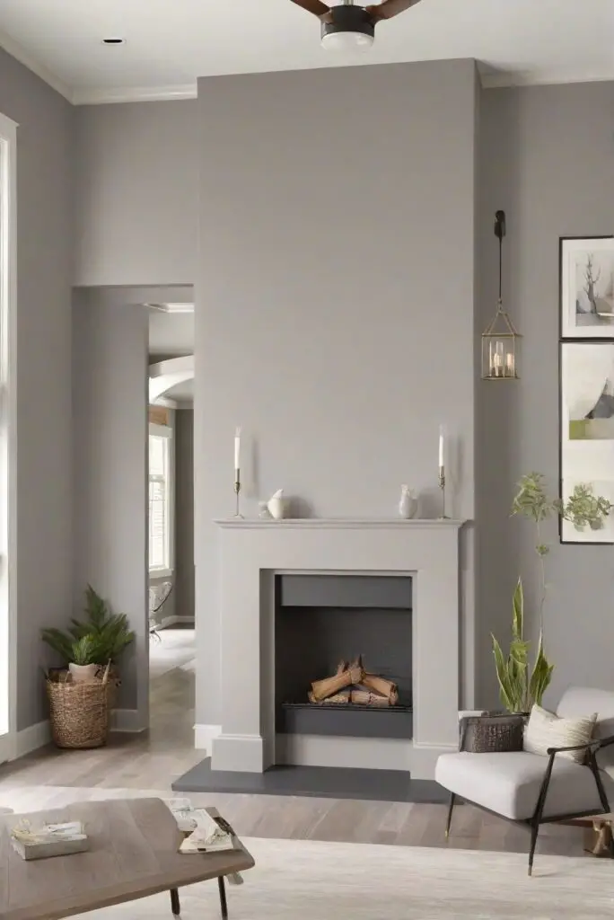 agreeable gray, wall paint color, fireplace room, trendy décor, home decorating, home interior, home decor interior design, living room interior