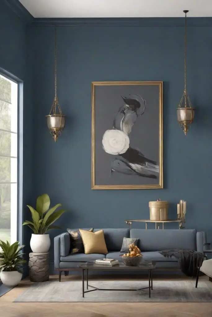 living room paint, interior design, home decor, wall color, trendy paint, charcoal blue paint, space planning