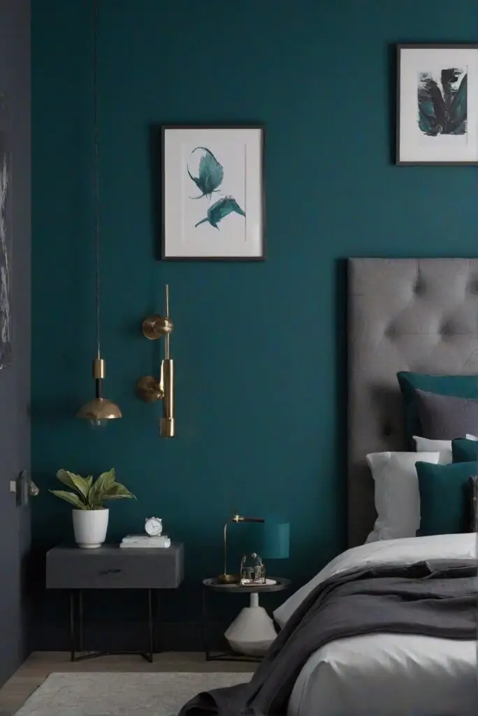 dark teal wall paint, bedroom decor, trendy decor option, interior design Color match paint, wall painting, interior decor, space planning