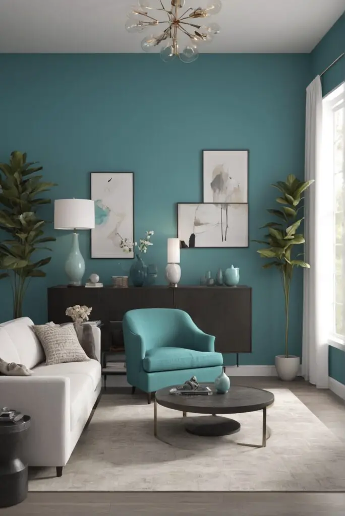 Contemporary Comfort: Tame Teal Paint Inspires a Stylish Living Room in 2024