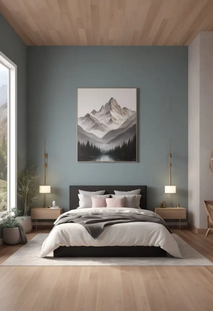 Dreamy Escapes: 2024's Modern Bedroom with Mountain Air Paint