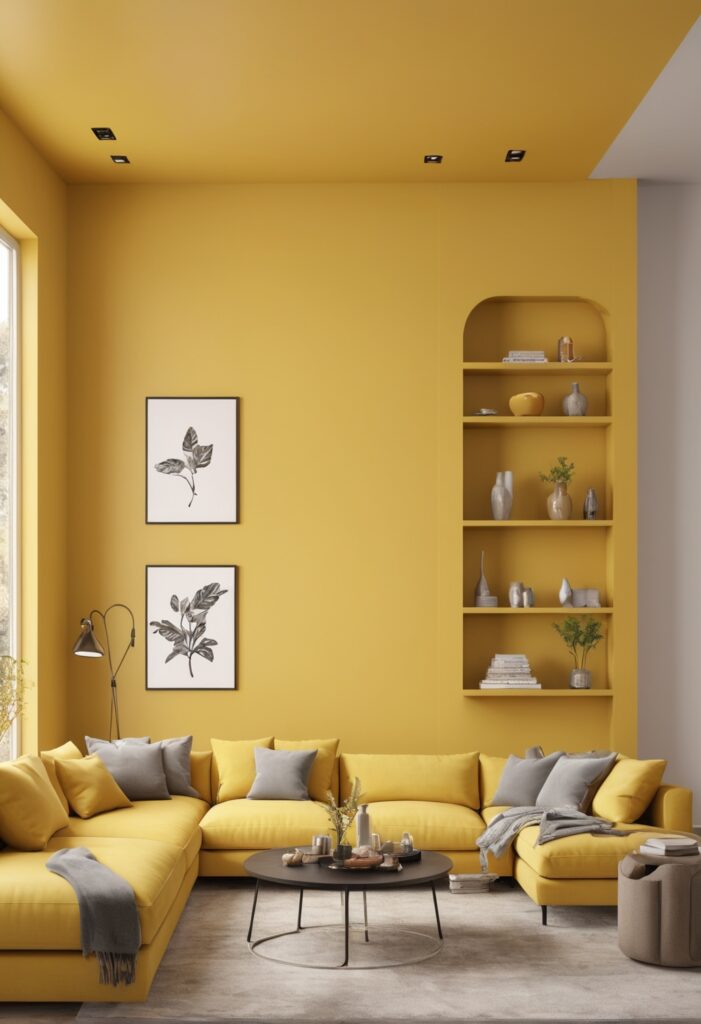 Modern Living Room Glamour with Fun Yellow Paint in 2024