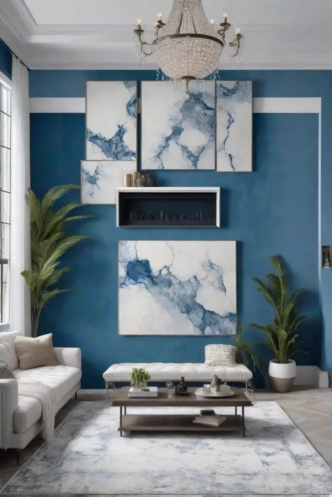 blue wall paint, white rug, living room decoration, interior design, wall paint, home decor, color matching painting