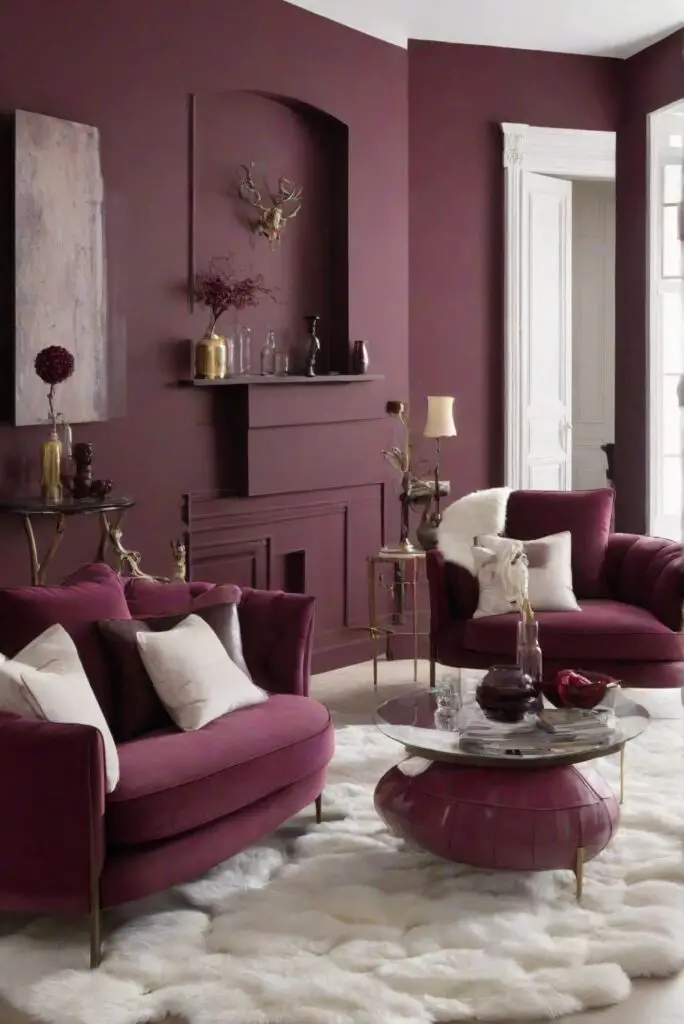 Bordeaux wall paint, white rug, living room decor, living room design, interior wall paint, home decor ideas, room color schemes