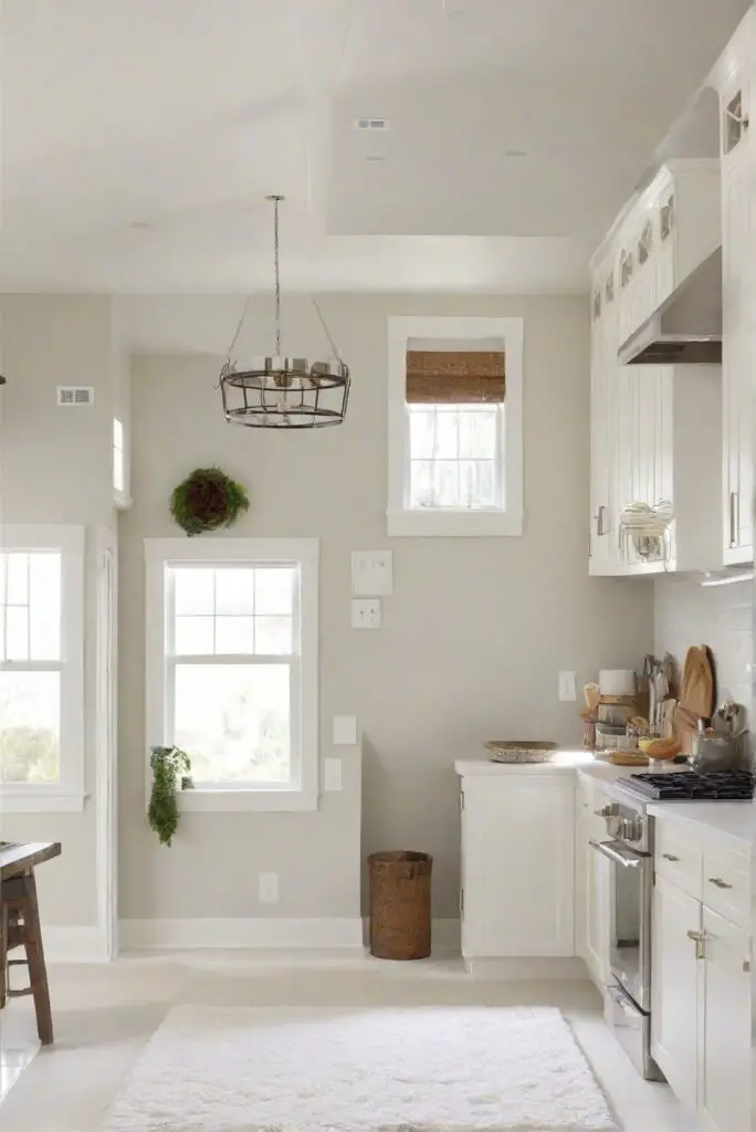 Kitchen interior design, white rug, wall paint, HALO paint