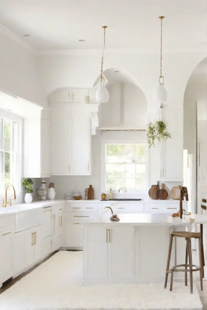kitchen interior design,white rug decor,moonlight white paint,white kitchen walls
