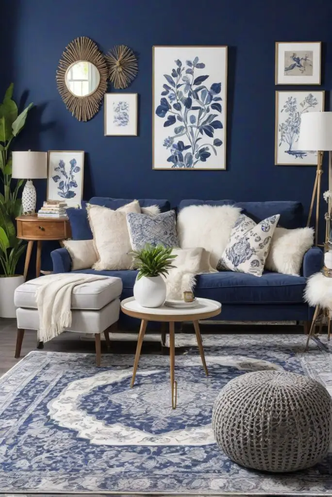painting interior walls, home paint colors, navy blue wall paint, white rug decor, living room design, interior design space planning, decorating interiors