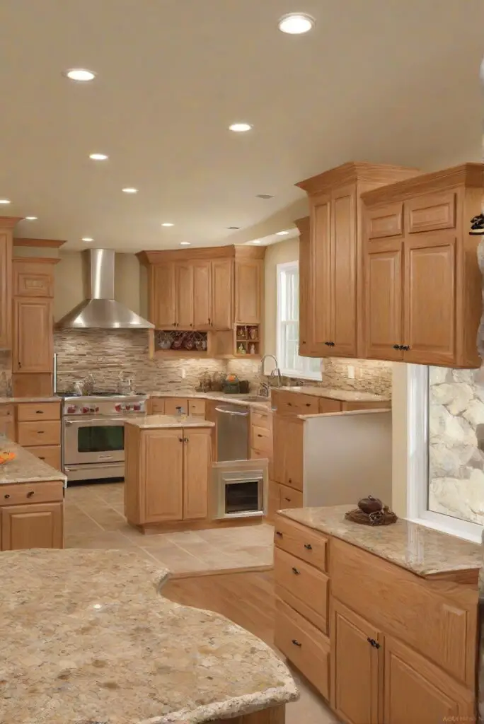 kitchen wall paint, oak wood cabinets, interior design kitchen, kitchen wall color