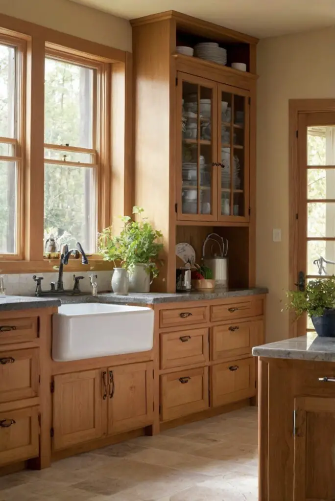 kitchen wall paint, kitchen décor interior, oak wood cabinets, soft chamois walls