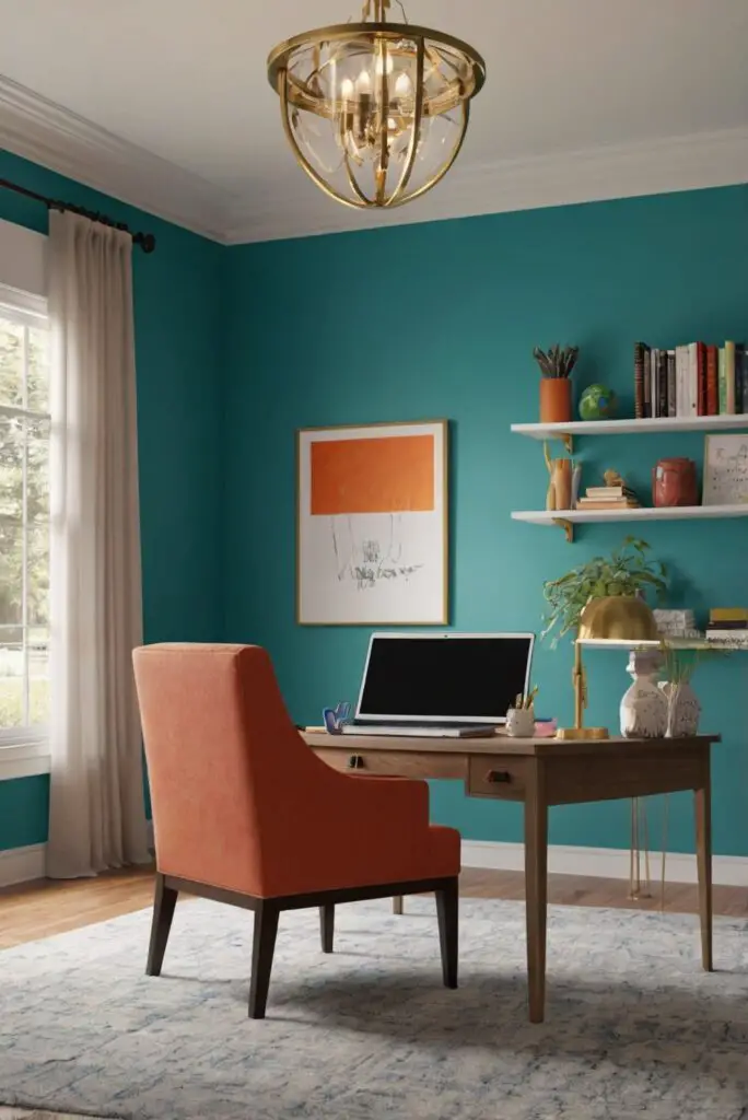 home office design, minimalist decor, vibrant color schemes, modern office furniture