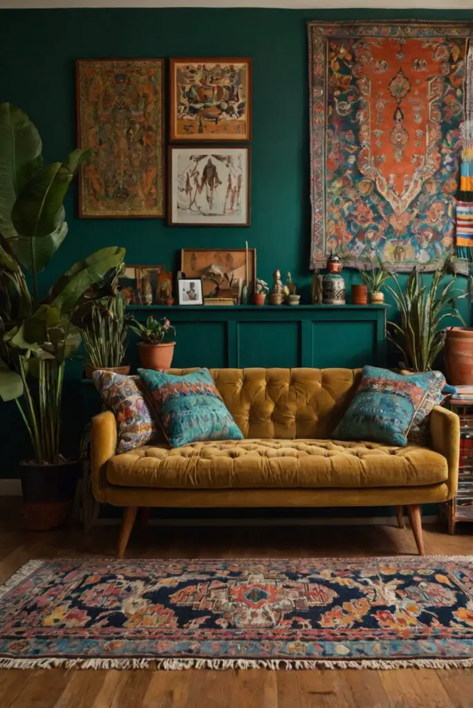 bohemian living room decor, rug decor, rug patterns, eclectic design style, bohemian decorating ideas, modern bohemian decor, interior design trends