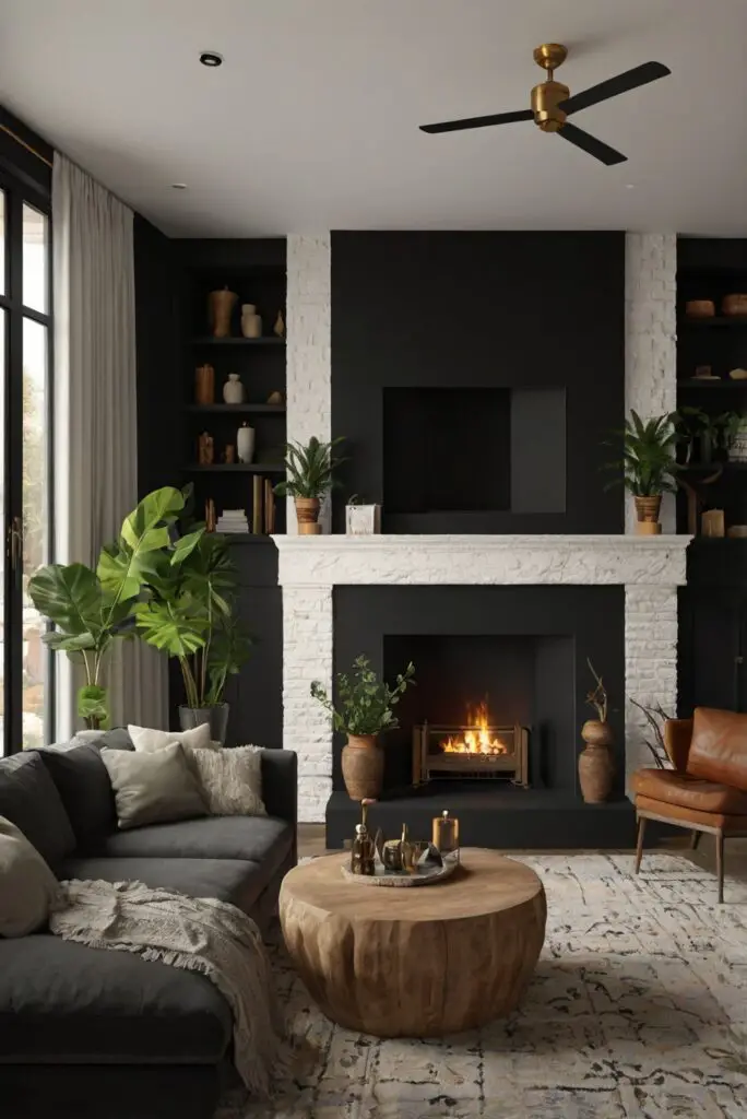 modern boho living room design, boho living room ideas, fireplace design, interior design styles, boho chic decor, cozy living room, wall decor ideas