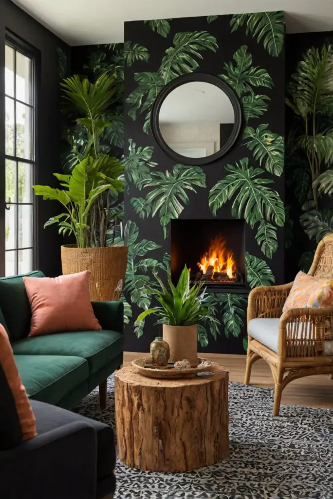 tropical living room, tropical interior design, fireplace design, tropical-inspired decor, tropical home decor, tropical design ideas, living room decor
