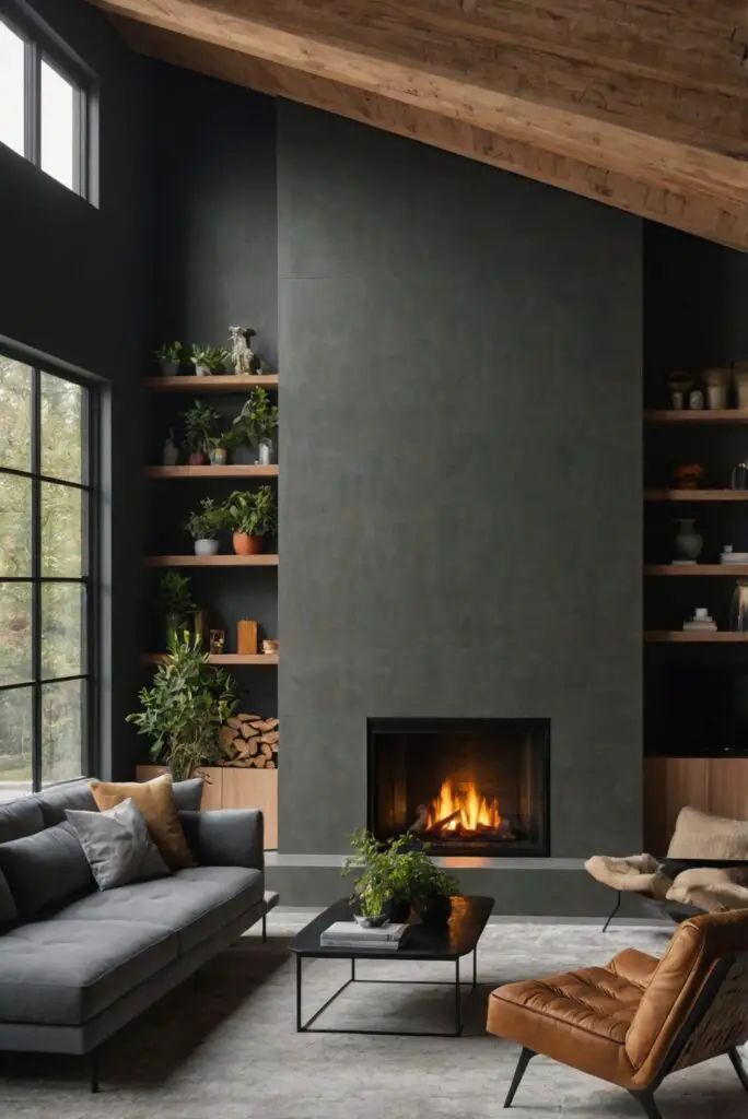 Contemporary industrial living room design, industrial living room decor, modern industrial living room, fireplace decor ideas, industrial chic living room, industrial style living room, industrial living room furniture