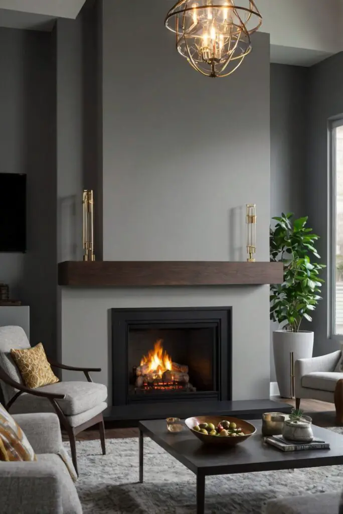 contemporary living room design, modern fireplace design, floating fireplace design, interior design trends, home decor ideas, space saving furniture, wall paint ideas