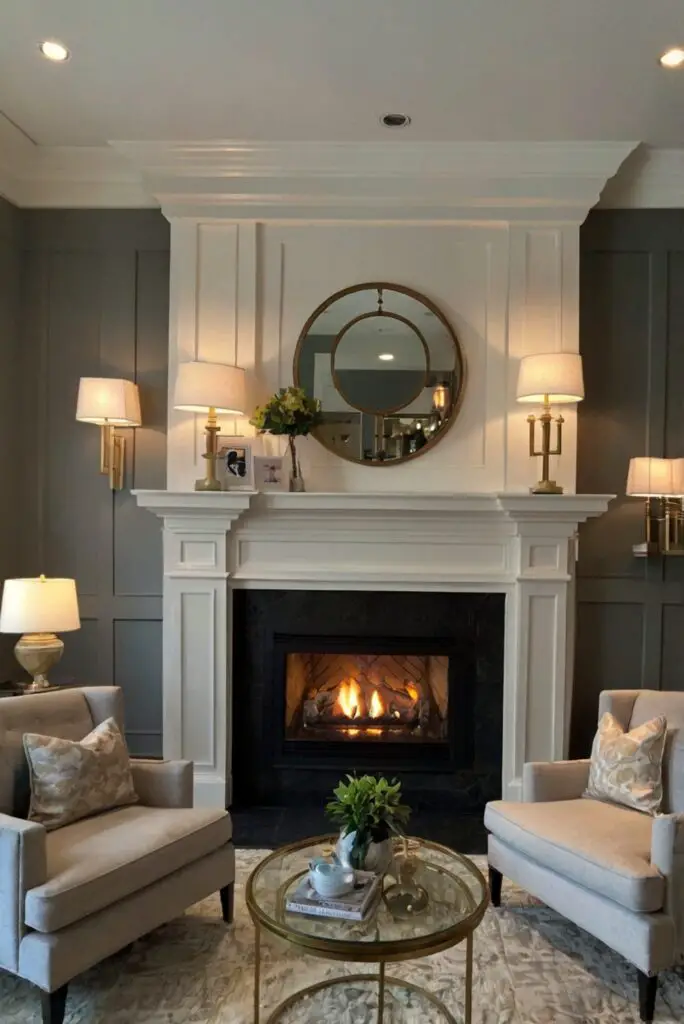 interior design, wall sconces, living room decor, fireplace design, home lighting, room ambiance, elegant sconces