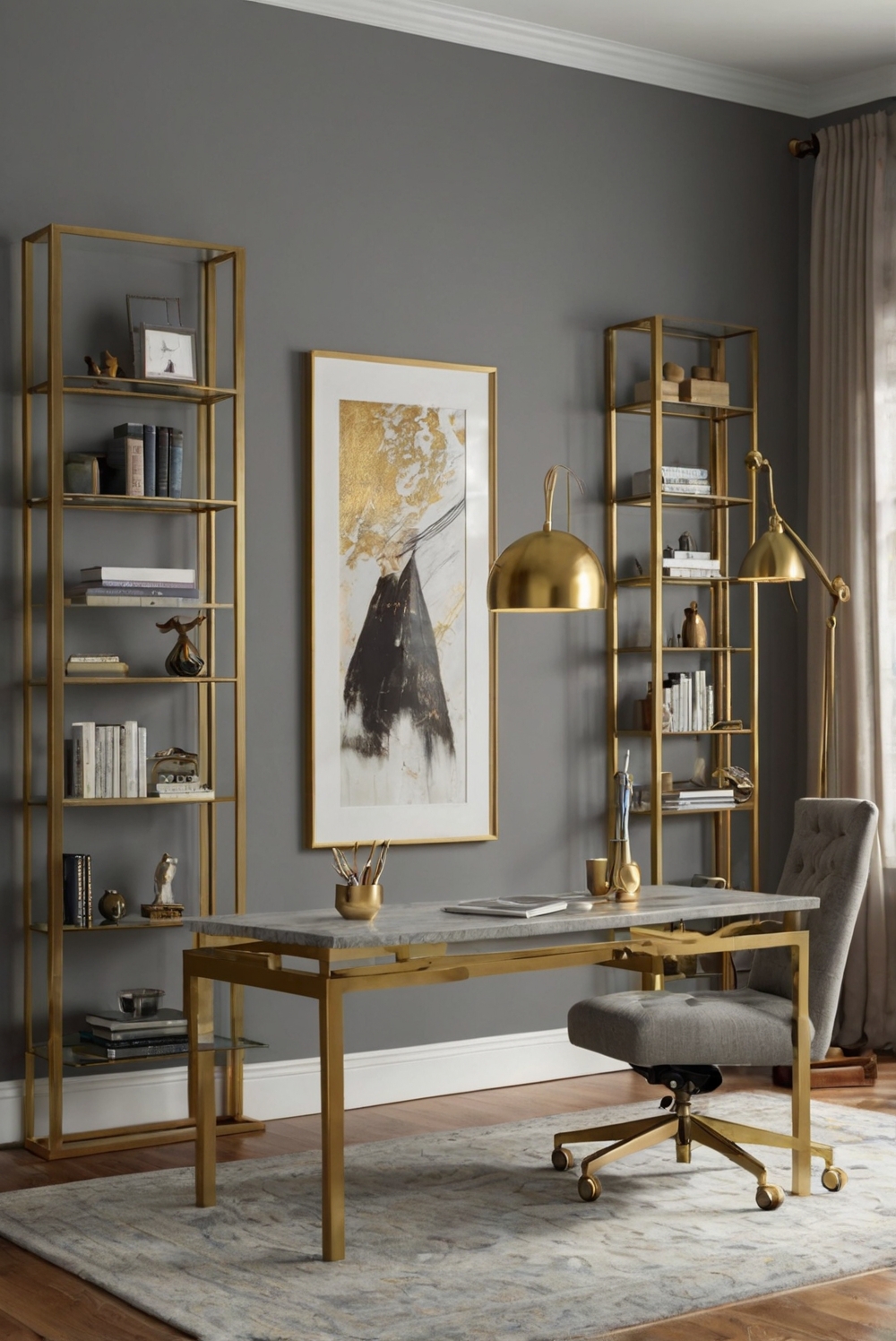 gold brass accents, brass decor, gold accents, brass home office
