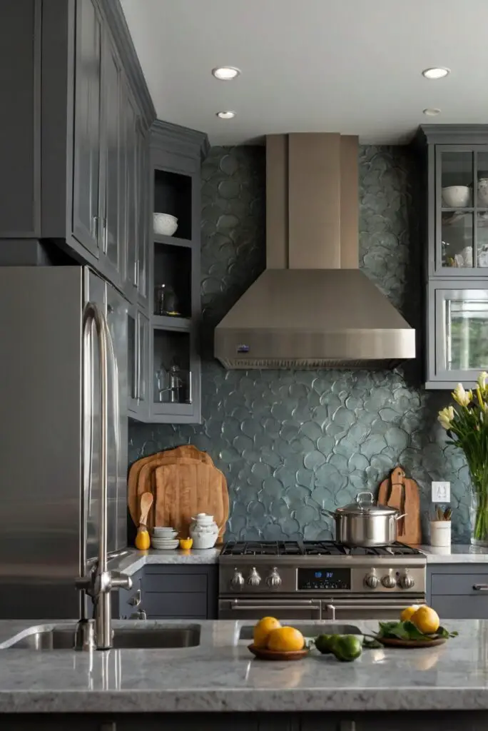 metallic paint kitchen cabinets, modern kitchen designs, metallic backsplash, kitchen color schemes