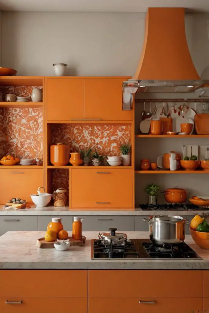 orange kitchen decor, cooking with orange, orange kitchen accessories, orange kitchen theme home decorating ideas, interior design tips, space planning services, kitchen design inspiration
