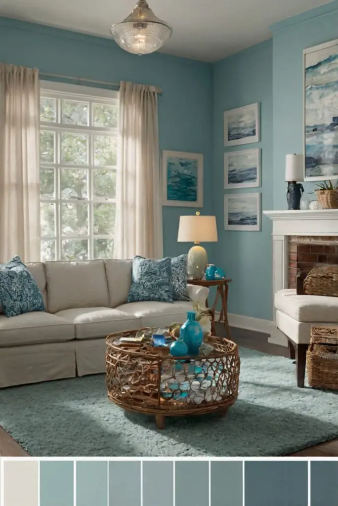 coastal color scheme, beach house decor, ocean-inspired living room, coastal themed interiors, seaside color palette, nautical home design, coastal furnishings