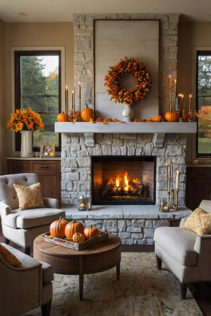 Fall fireplace decor, Cozy home decor, Autumn interior design, Fireplace mantel ideas, Seasonal home decorations