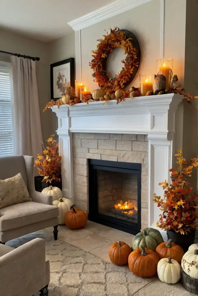 Fall mantel decor, Fireplace mantel decorations, Autumn mantel ideas, Seasonal mantel display, Cozy fireplace decor