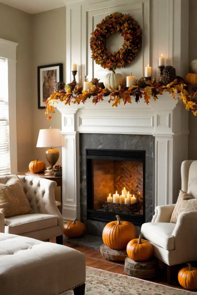 Fall mantel decor, Autumn fireplace decorating, Seasonal mantel displays, Cozy fireplace mantel ideas, Fall home decorations