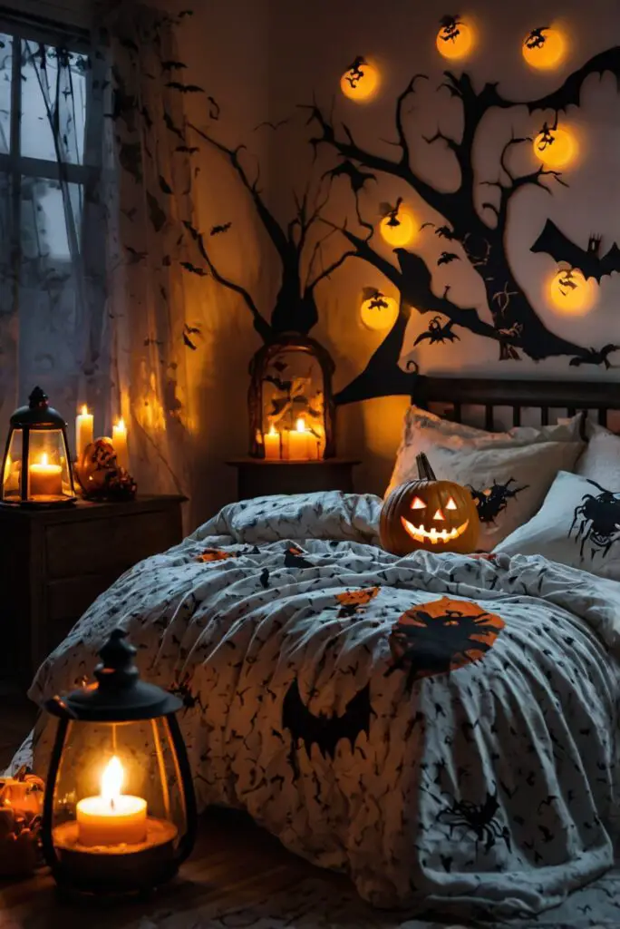 Halloween home decor, spooky bedroom ideas, eerie decorations, haunted house accessories, ghostly bedroom theme