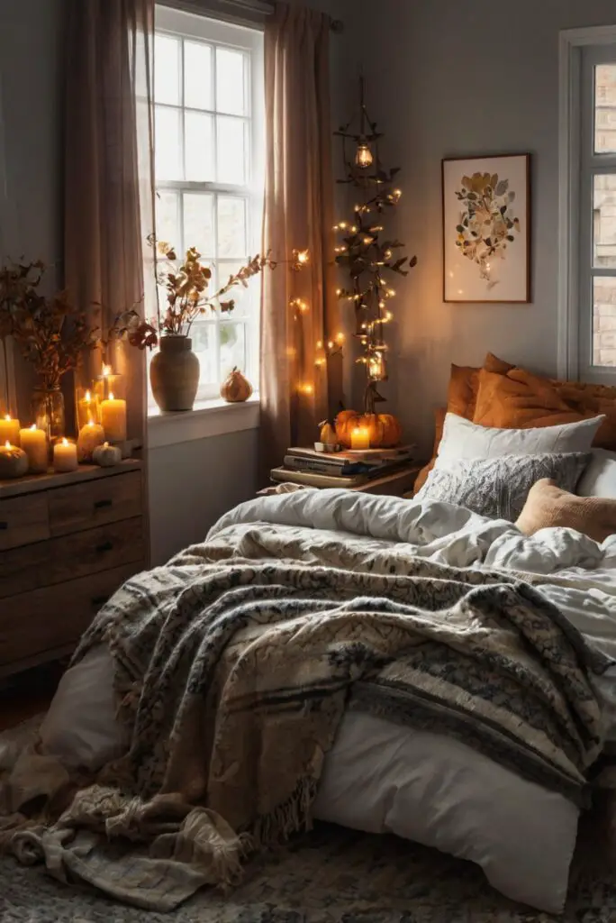 Cozy bedroom decor, Fall bedroom ideas, Bedroom autumn inspiration, Warm bedding options, Seasonal bedroom upgrades