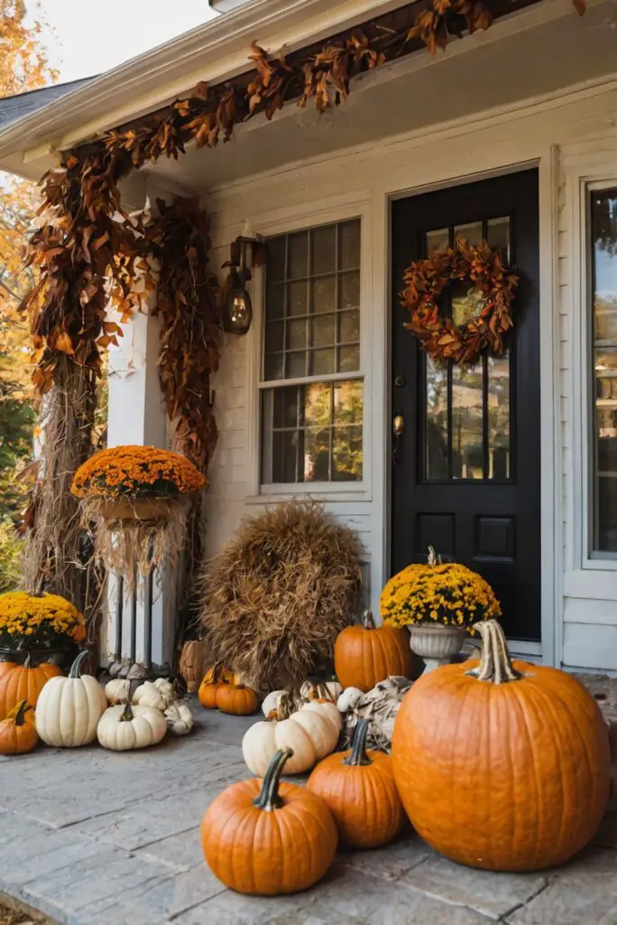 fall porch decor, outdoor autumn decorations, cozy outdoor space, festive porch decorations, fall outdoor design