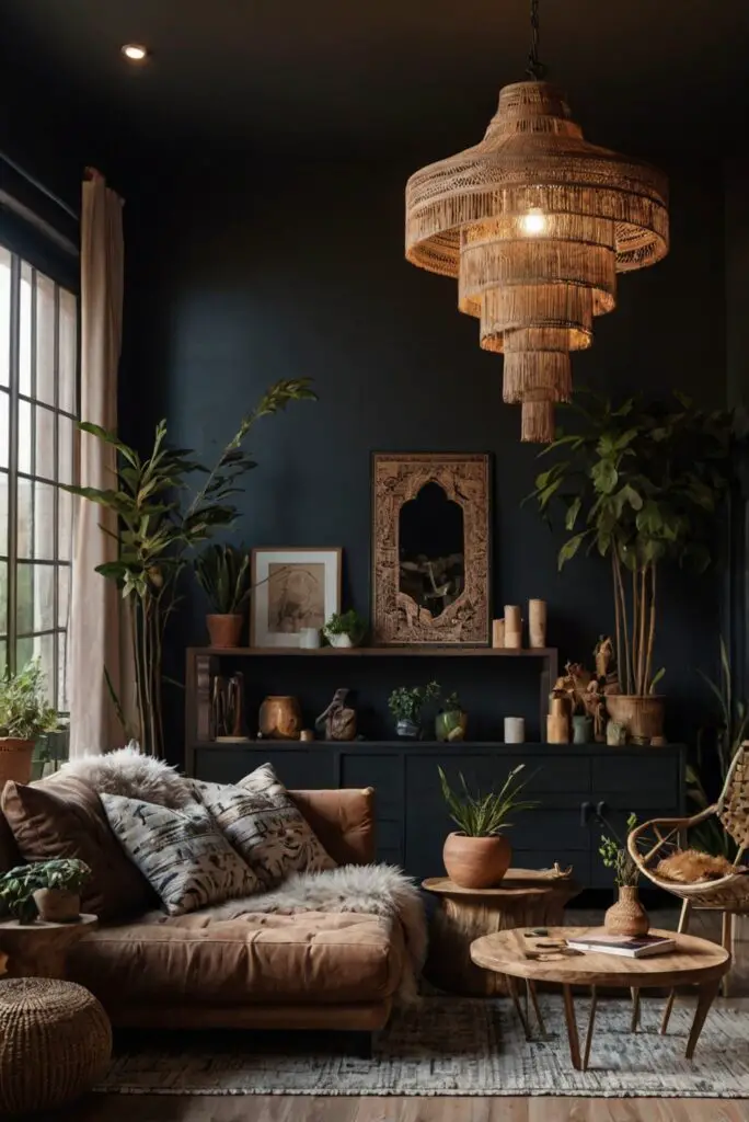 boho living room decor, dark living room decor, boho decor ideas, dark boho inspiration, living room decoration