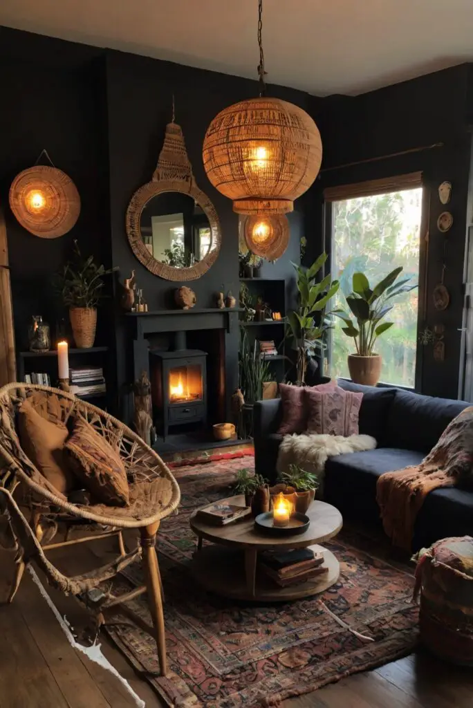 stunning boho living room, dark boho decor, bohemian interior design, modern boho chic, bold boho color palette