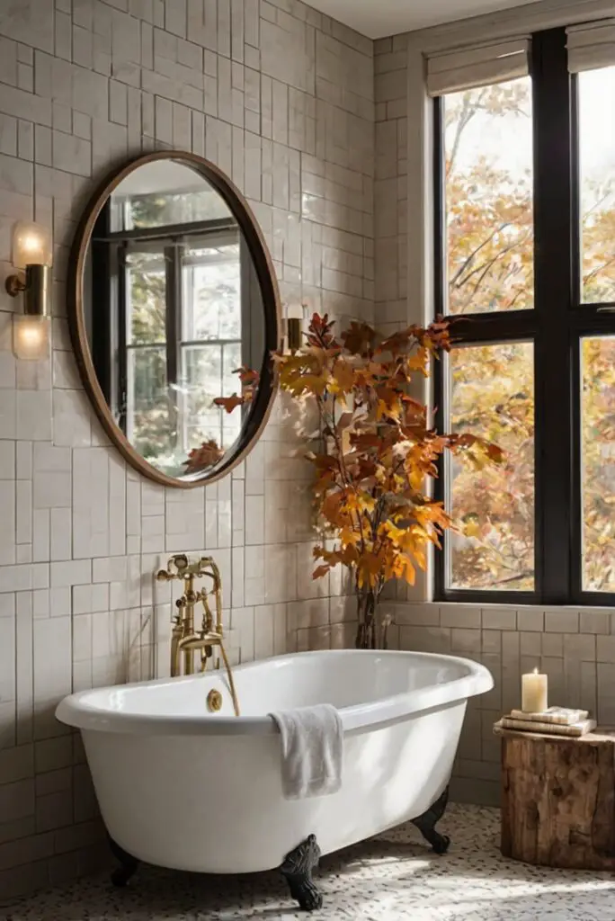 fall bathroom decor, fall bathroom design, autumn bathroom ideas, seasonal bathroom decorations, cozy bathroom decor