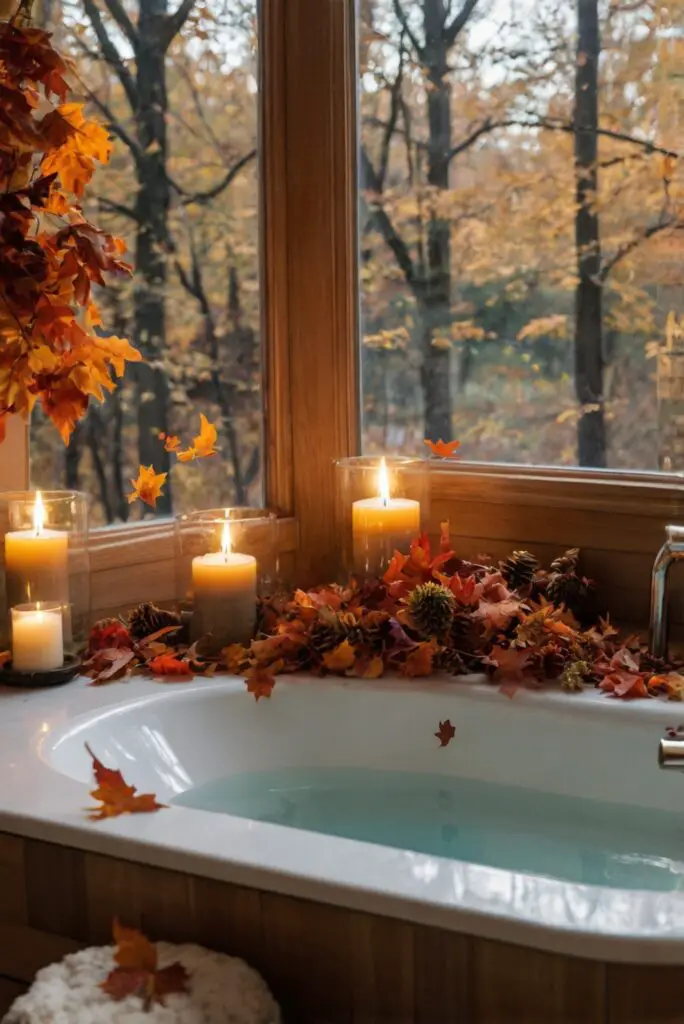 Fall bathroom decor, Bathroom renovation, Cozy bathroom ideas, Warm bathroom design, Rustic bathroom decor