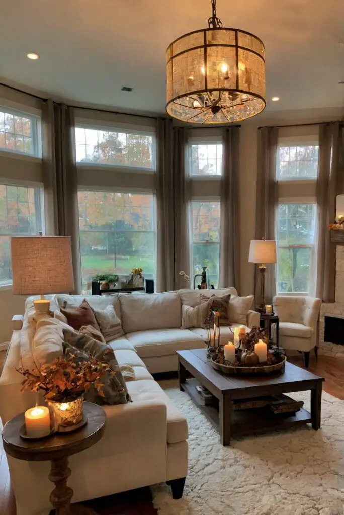 Fall decor ideas, Modern living room design, Home interior inspiration, Elegant room decor, Cozy furniture arrangements