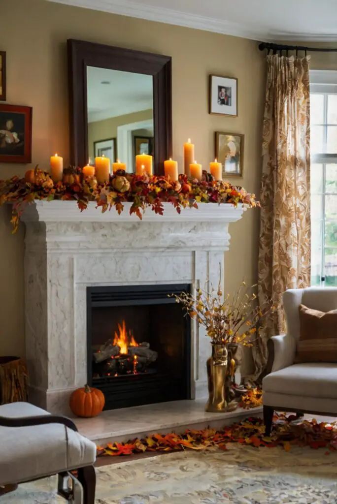 Fall mantel decor, Autumn fireplace decorations, Seasonal hearth ideas, Cozy fall mantels, Elegant fireplace styling