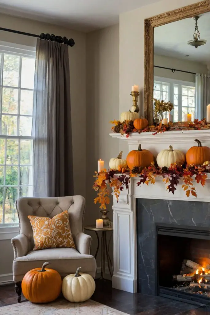 fall mantel decor, fall home decor, autumn mantel decoration ideas, cozy fireplace decor, elegant fall mantel ideas