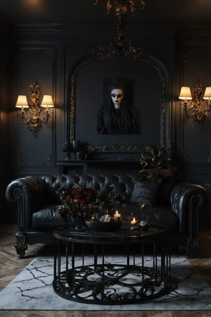 Gothic living room decor, Dark home furnishings, Gothic furniture styles, Black room design, Edgy living room ideas