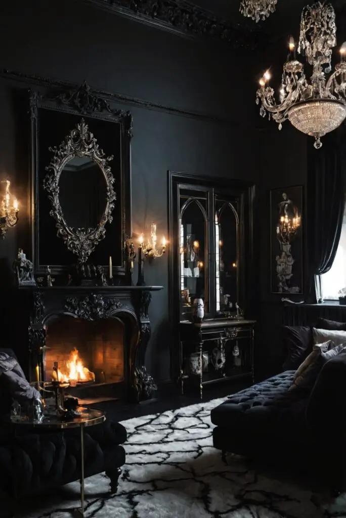 Gothic living room ideas,grey living room decor, dark living room design,black leather furniture,luxury gothic style