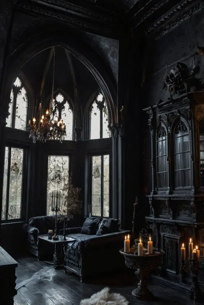 Gothic home decor, Dark furniture, Victorian wallpaper, Spooky room accessories, Haunted mansion décor