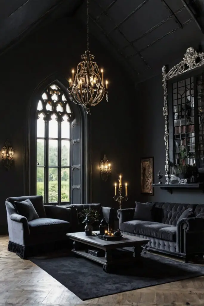 Gothic home decor, Gothic furniture, Gothic design, Dark living room, Dramatic interior design