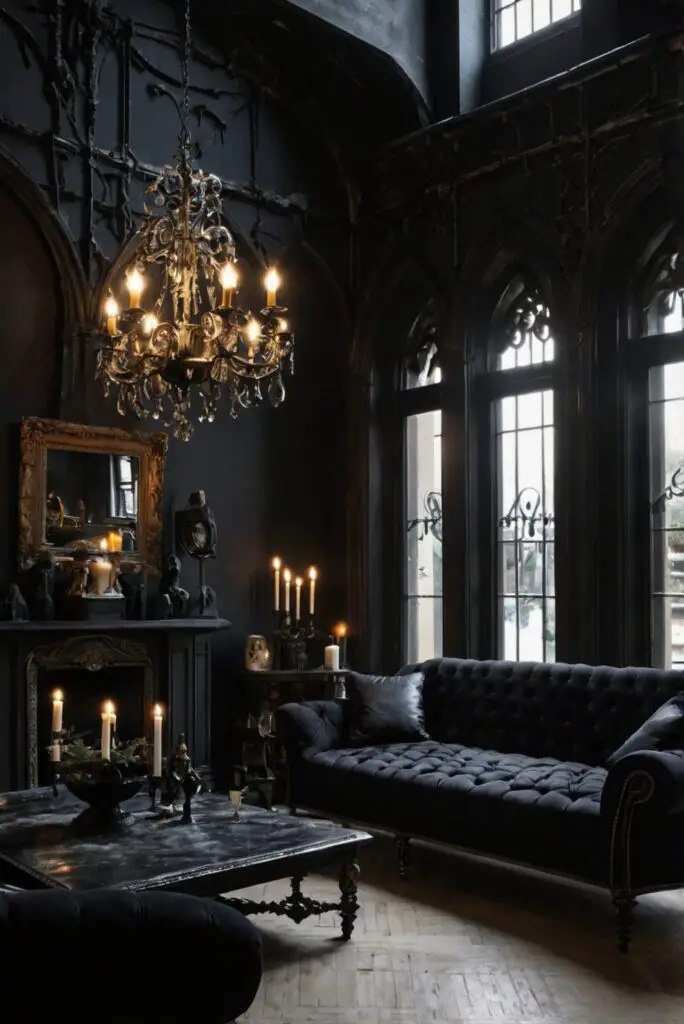 Gothic living room decor, Elegant Gothic home decor, Dark aesthetic furniture, Victorian Gothic interior design, Black Gothic home accessories