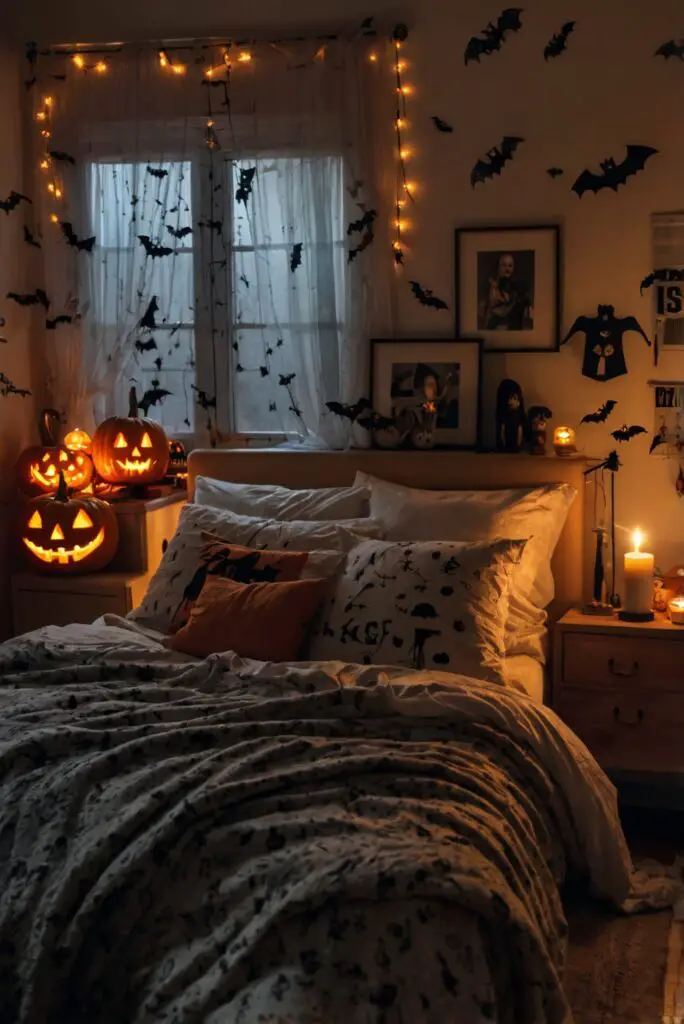 Halloween bed decor ideas, Halloween bedroom makeover, Spooky bedroom accessories, Haunted bedroom theme, Creepy bedroom decorations